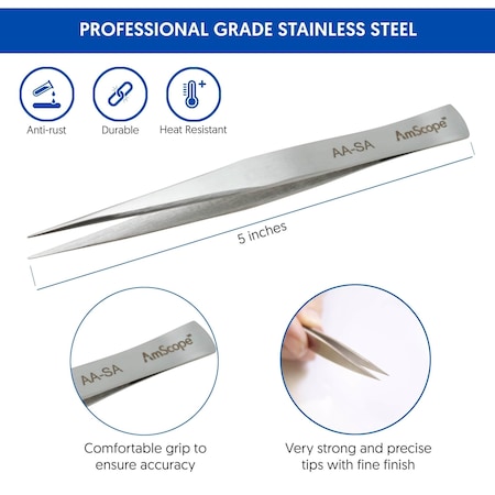 Amscope High Precision 5-inch Straight Precise Tip Tweezers TW-013-25PK